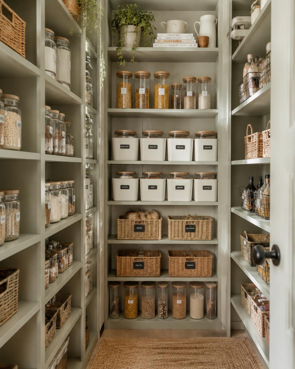 Organized pantry with labeled jars and baskets