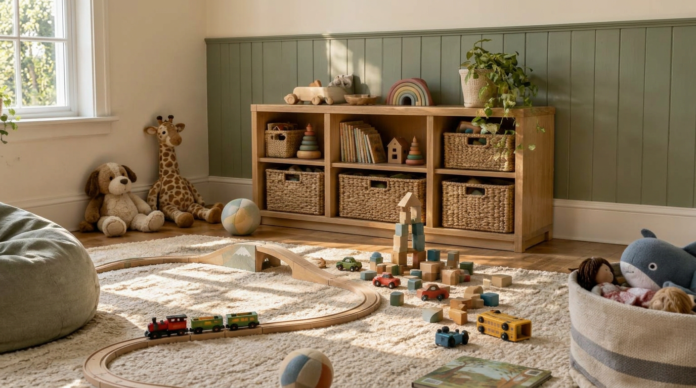 Playroom with a wooden train track on a cream rug, toy cars and blocks, and a low oak shelf of woven toy baskets